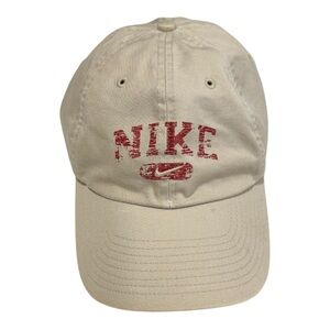 Vintage Nike Baseball Cap Beige with Red Distressed Spellout Logo - OS